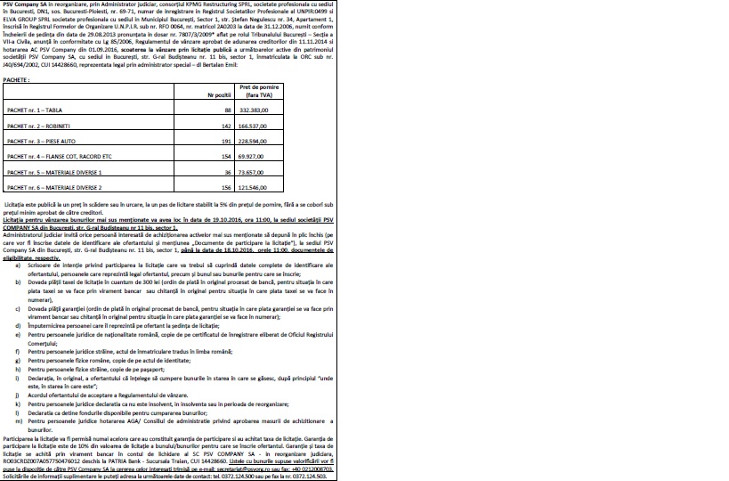 Licitatie Publica Stocuri PSV Company