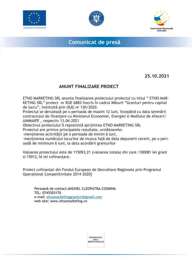 ANUNT FINALIZARE PROIECT