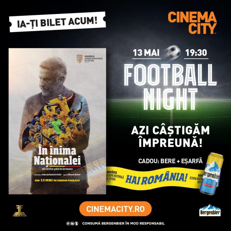 Bergenbier și Cinema City susțin lansarea filmului „În inima Naționalei”.